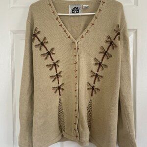 Storybook Knits Cardigan Sweater Jumper Women Dragon Fly Tan Small cottage core